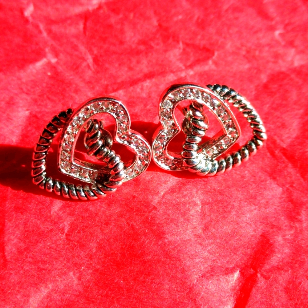 Heart Silver Post Earrings inset Crystals